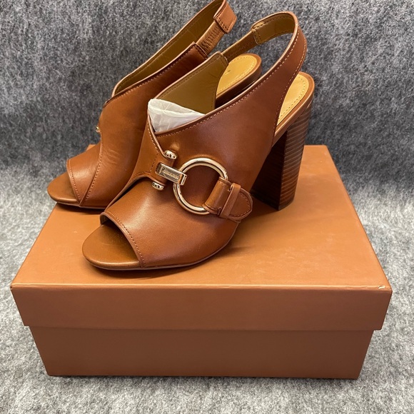Coach Sherry Semi Matte Calf Leather Slingback Heels Size 6.5B Saddle - Picture 1 of 12